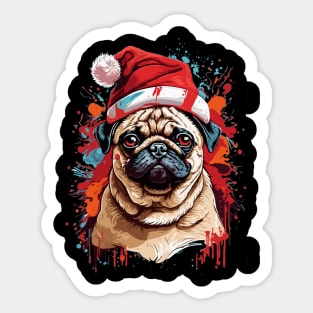 Pug Dog Christmas with Santa Hat Sticker